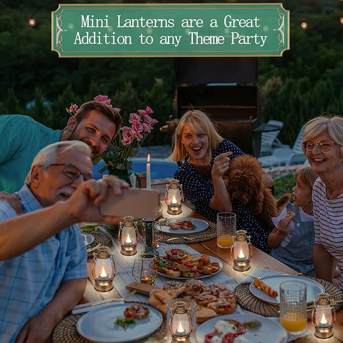 LLQ 12 Pack Vintage Decorative Lanterns, Mini Candle Lantern Decorative LED Candle Holders with Flameless Candles for Wedding Table Centerpieces, Christmas Party Outdoor Decorations, Brown