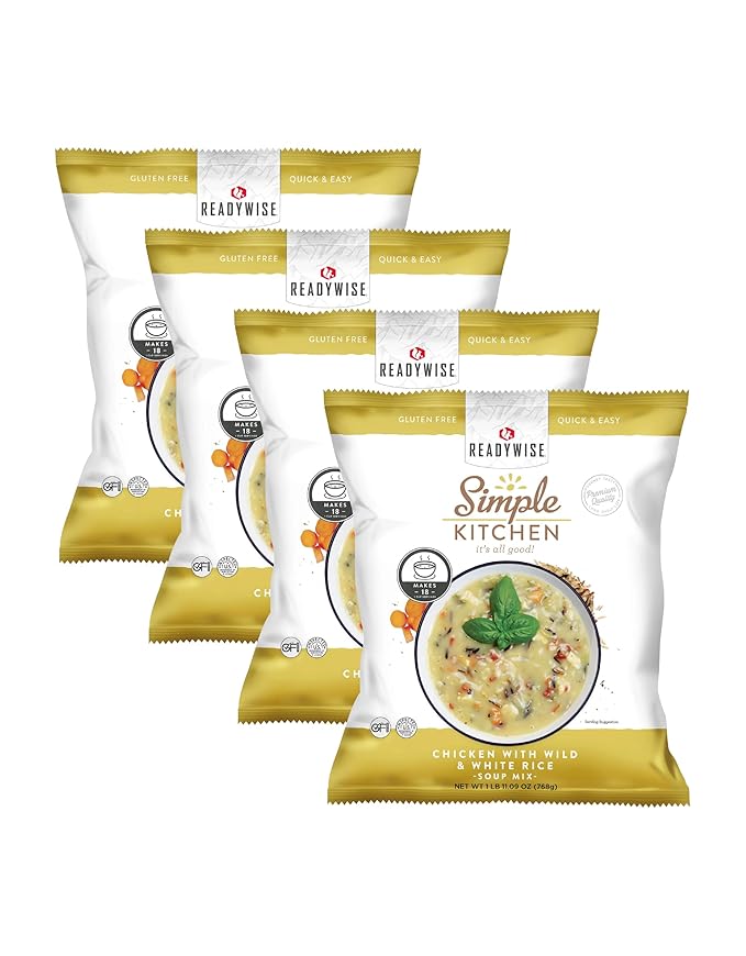 Simple Kitchen Chicken with Wild & White Rice Soup Mix - 17 Servings for Meal Prep, Gluten Free, Dehydrated & Freeze Dried Survival Food, Camping Meals, Backpacking & Hiking, Survival Kit, Pack of 4