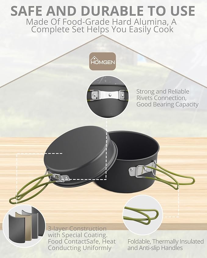 HOMGEN Portable Camping Cookware Set-Lightweight Aluminum Camp Pots and Pans Kit-Comes with Non-Stick Pots/A Frying Pan etc-Complete Camping Mess Kit for Camping/Hiking/Fishing & Other Outdoor Trip