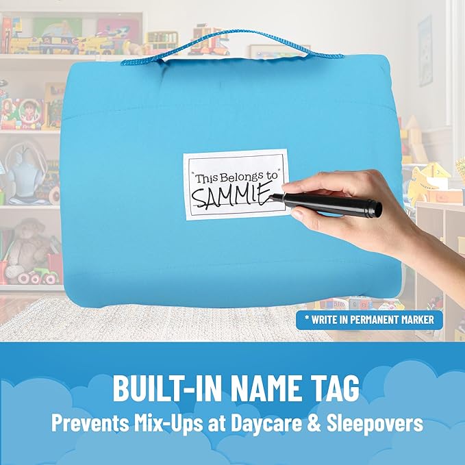Jay Franco Kids Nap Mat with Embedded Pillow & Blanket – Soft 46"x20" Microfiber Sleeping Bag with Name Tag & Handle for School, Travel, Sleepover