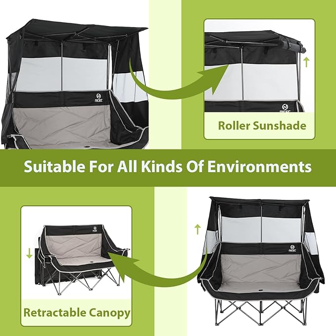 Nice C Double Camping Chair with Canopy, Portable Shade Sports Chair, Umbrella Chairs Camping Couch, Folding Outdoor Loveseat with Cooler Bag, Cup Holders, For Beach, Lawn, Sports, Picnic (Black&Gray)
