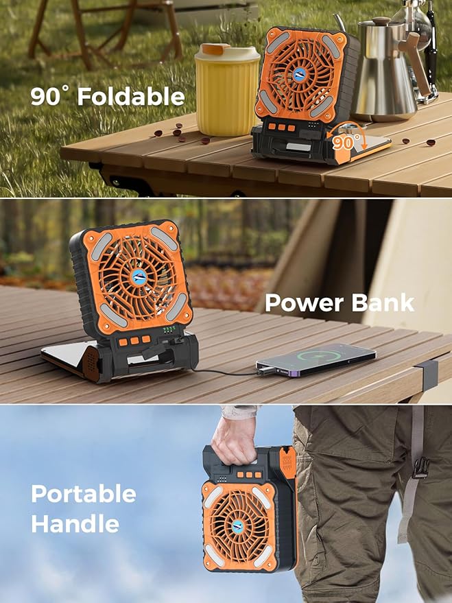 Smiling Shark Camping Fan with LED Lantern, USB Rechargeable Solar Camp Fan with 4 Speeds Powerful Wind & 3 Timer 90° Foldable Cordless Portable Tent Fan for Camping Fishing Hiking