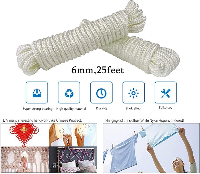 6mm White Diamond Braid Nylon Rope, Paracord All Purpose Utility Rope Nylon Twine for Crafts,Cargo,Tie-Downs,Camping,Indoor Outdoor Use(1/4inch,25ftx1 Hank)