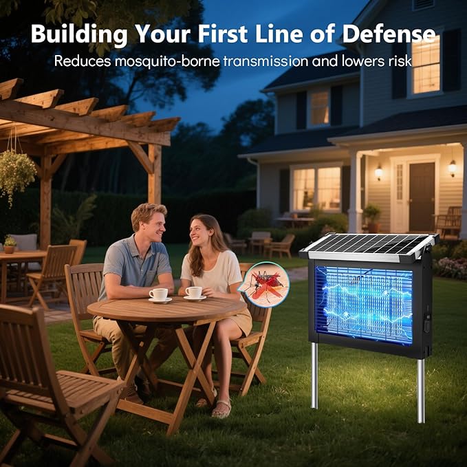 Solar Bug Zapper Outdoor, Mosquito Zapper Waterproof Electric Fly Zapper Rechargeable Mosquito Killer Lamp with 10W Solar Panel, 4500V Cordless Fly Trap for Backyard, Patio, Garden, RV, Camping