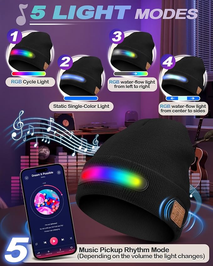Bluetooth Beanie with Light, USB Rechargeable LED Headlamp Winter Hat, Men Women Valentine's Day Gifts