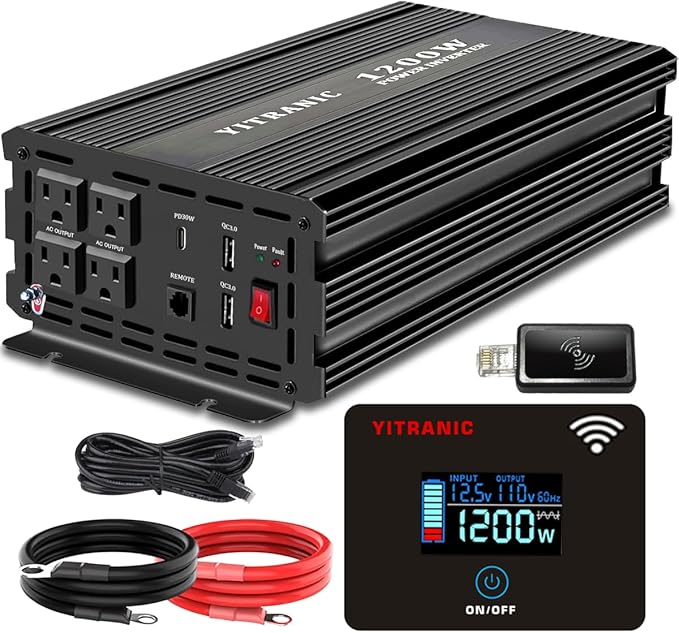 1200W Pure Sine Wave Inverter, DC 12V to AC 120V, with Wireless Remote Control, 4 AC Outlets, USB-A/C Ports for Home, RV, Camping, Electronics, Outdoor Use, Upgraded of 1000W Inverter