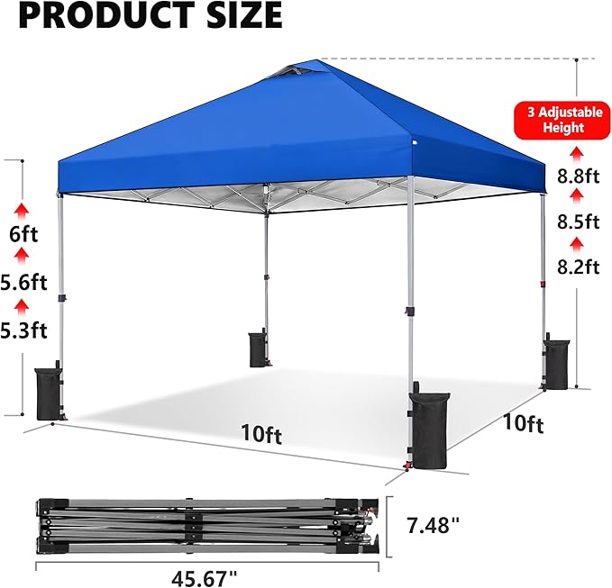 OLIXIS 10x10ft Pop Up Canopy Tent, Heavy Duty 1-Person One Push Setup, Portable Outdoor Shelter for Beach, Events, Camping Includes Rolling Carry Bag, Blue