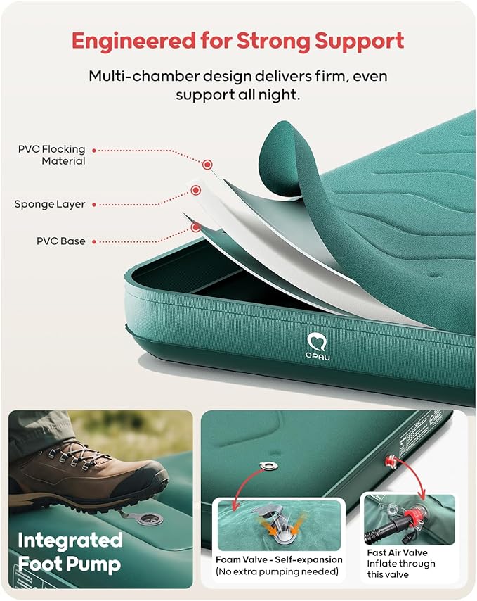 QPAU Twin Size Air Mattress Camping Pad – 9” Thick R8–10 Insulated Inflatable Mattress with Foam Comfort & Foot Pump, Twin Air Mattress for Camping, Road Trips, and Home Guests