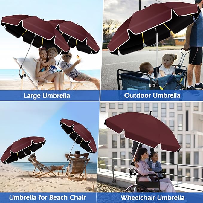 2Pack 48.8 inch Large Beach Umbrella with Clamp Sun Shade for Beach Chair, 360°Adjustable UV Protection Golf Umbrella with Clip for Stroller Wheelchair Camping Chair