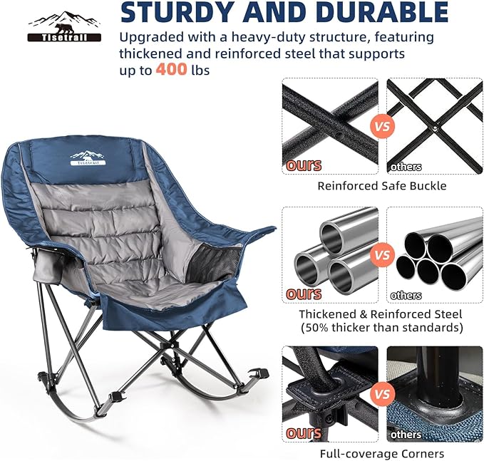 Oversized Rocking Camping Chairs Set of 2, Fully Padded Camp Chairs for Adults with Side Pocket and Cup Holder, Heavy-Duty 400lbs Capacity, Blue & Gray