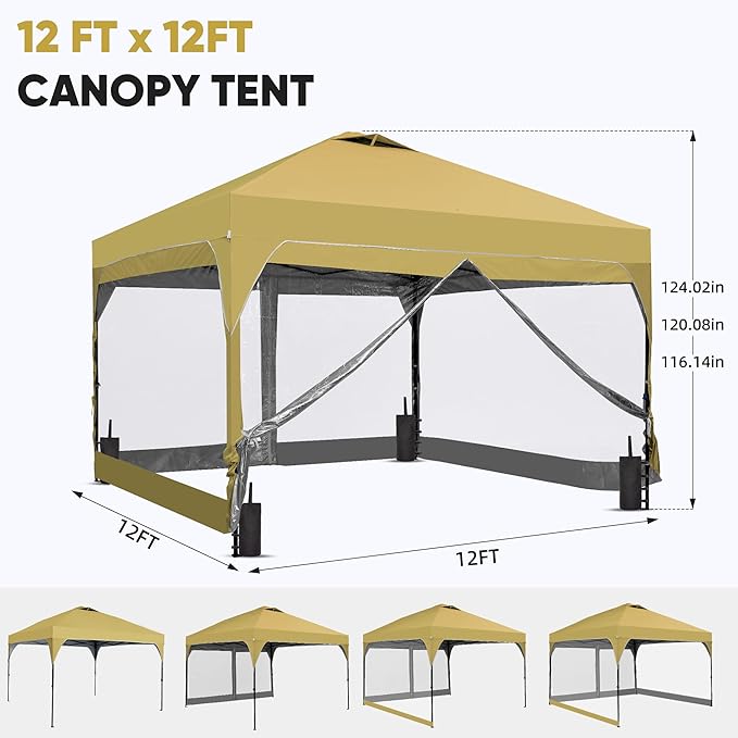 GDY 12x12 FT Pop Up Canopy Tent with One Push Setup,Setup Gazebo with 4 PVC Transparent Sidewalls,Easy Carry for Events, Parties, Camping, Khaki