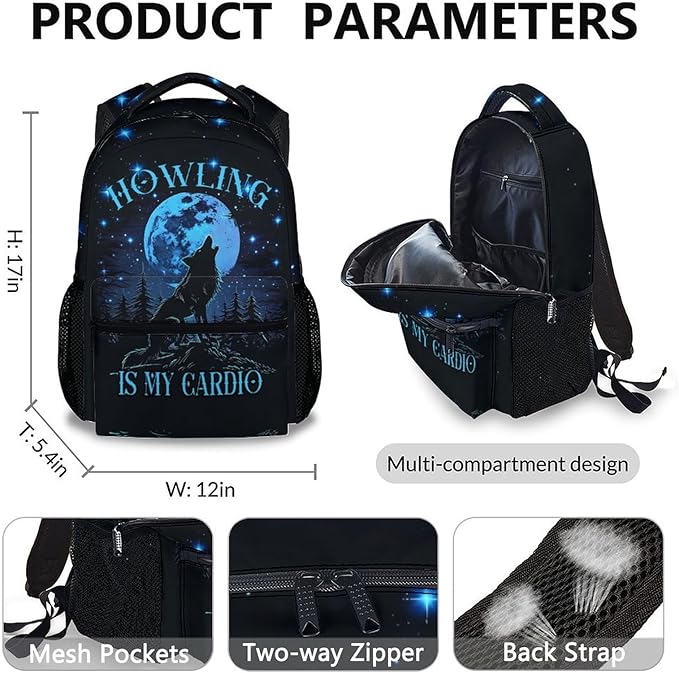 Boys Backpack, Wolf Gifts, Cool Wolf Backpacks for Kids 6-8, 17 Inch School Bag with Lunch Box, Large Capacity Student Bookbag and Pencil Case Bundle for Travel School