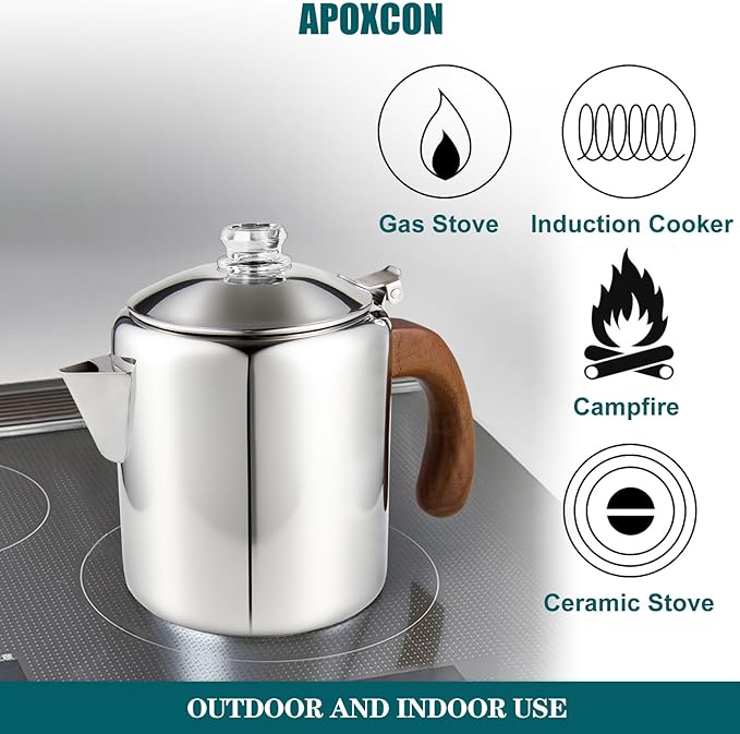 Coffee Percolator Stainless Steel Coffee Maker with Fireproof Solid Wood Handle & Tough Glass Clear Brew Progress Knob Camping Coffee Pot Using on any Stovetop NO Aluminum NO Plastic (6 Cup)