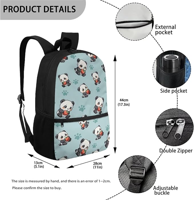 Panda School Backpack with Lunch Box and Water Bottle Bag Pencil Case Large Capacity Travel Backpacks for Kids Kindergarten Elementary Middle Lightweight Camping Travel