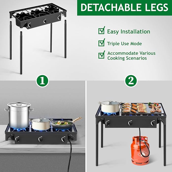 Karl home 3 Burner Propane Gas Stove for Outdoor Cooking, 225,000 BTU Camping Cooker with Removable Legs & Adjustable PSI Regulator for Backyard Cooking BBQ Baking Frying