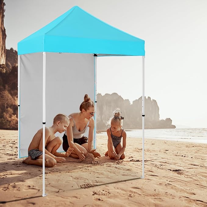 5x5 Pop Up Canopy Tent with One Sidewall, Instant Portable Beach Canopy, Outdoor Tent with Carry Bag for Camping, Sports, Tailgating, Events, Light Blue
