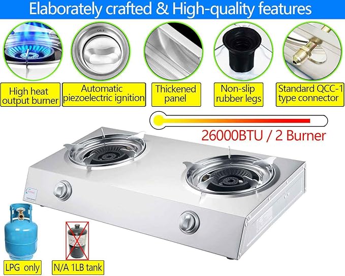 Propane Stove 2 Burner Auto Ignition Propane Burner 26000 BTU Gas Stove with CSA LPG Hose for Outdoor, Emergency