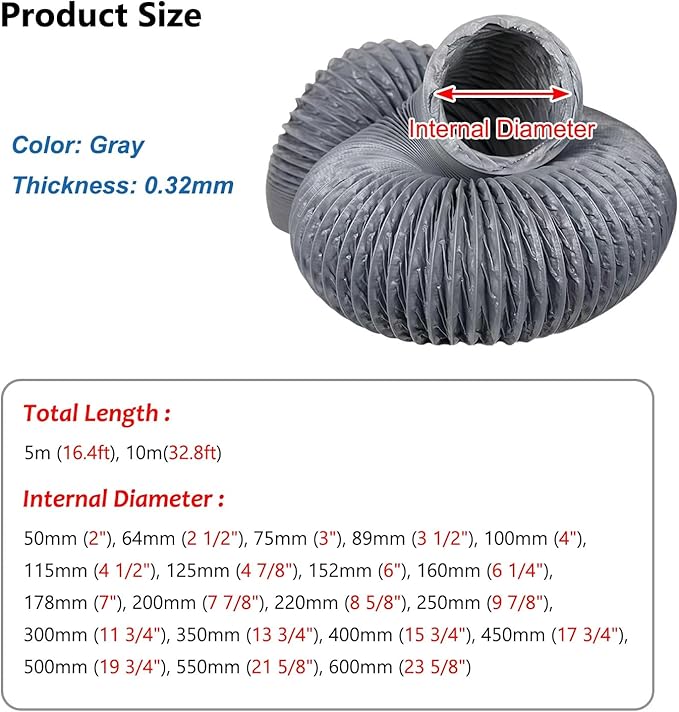 Adjustable Dryer Vent Tube with Clamps, Nylon Fabric Flexible Duct Pipe with Steel Wire Kitchen/Grow Tents/Utility Blower Exhaust Hose Kit(160mm(6 1/4"),5m (16.4ft))