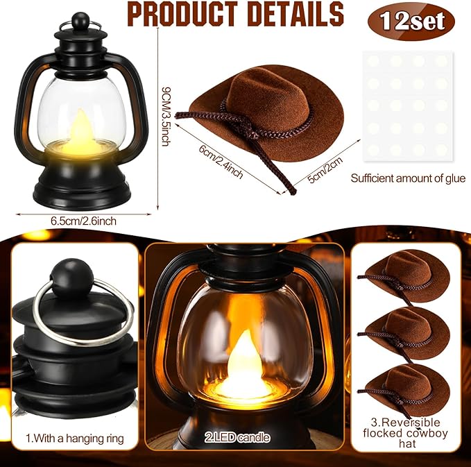 Ferraycle 12 Pcs Mini Cowboy Hats Lantern Decoration Western Cowgirl Lantern with LED Candle Small Brown Hanging Decor Rustic Camping Table Centerpieces for Wedding Birthday Party Supplies