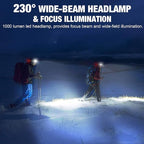 LED Headlamp, 1000lumens 230° Widebeam Headlight, USB Rechargeable HeadLamp with Red Taillight, Lightweight Waterproof Headband Light for Camping Running Hiking, Hard Hat Headlamp