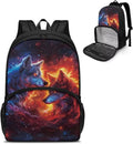 Fire Flame Wolf School Bag Backpack with Lunch Compartment 17in Travel Laptop Insulated Cooler Bag Box Hiking Picnic Camping Travel Casual Backpack Kids Daypack