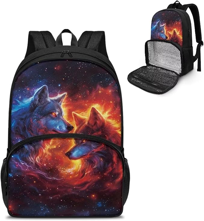 Fire Flame Wolf School Bag Backpack with Lunch Compartment 17in Travel Laptop Insulated Cooler Bag Box Hiking Picnic Camping Travel Casual Backpack Kids Daypack