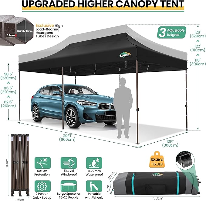 COBIZI 10x20 Pop up Canopy Without Sidewall Heavy Duty Commercial Outdoor Gazebo Easy Up Wedding Party Tents for Parties with Roller Bag, All Season Wind & Waterproof UPF50+(Upgrade Hexagonal Tube)
