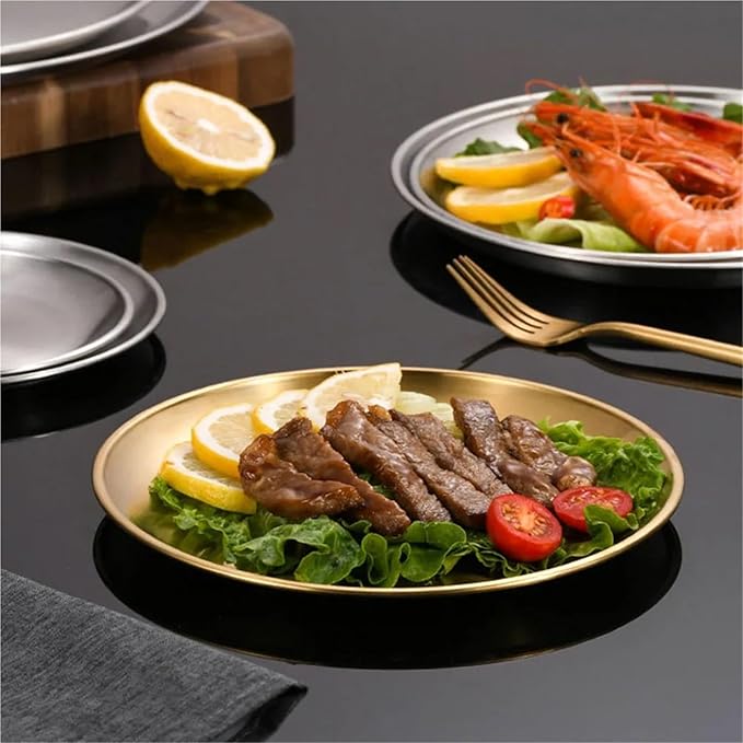 Stainless Steel Plates 8Pcs Metal Dining Dish Stainless Steel Round Plate Shallow Tray BBQ Picnic Camping Food Container Tableware Set(23cm Silver)