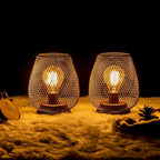 DECORKEY Set of 2 Rechargeable Lamp LED Table Lantern, Brown Metal Cage Cordless Lamps with LED Bulb，Vintage Decorative Outdoor Lantern for Weddings, Parties, Patio, Events for Indoors Shelf Decor