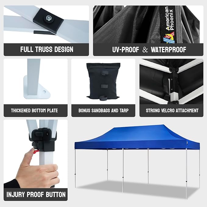 AMERICAN PHOENIX 10x20 Pop Up Canopy Tent Heavy Duty Commercial Shelter for Party, Outdoor Events and Patio Portable Instant Market Gazebo with Roller Bag, Camping Tarp, 4 Ropes and 4 Stakes (Black)
