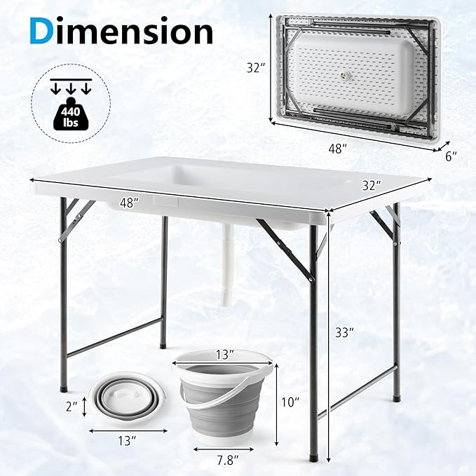 Giantex Foldable Ice Bin Table with Drain & Bucket, Removable Skirt, 48" x 32" HDPE Cooler Table for Parties, Catering, Weddings, Outdoor Events, Portable Fill and Chill Beverage Serving Station