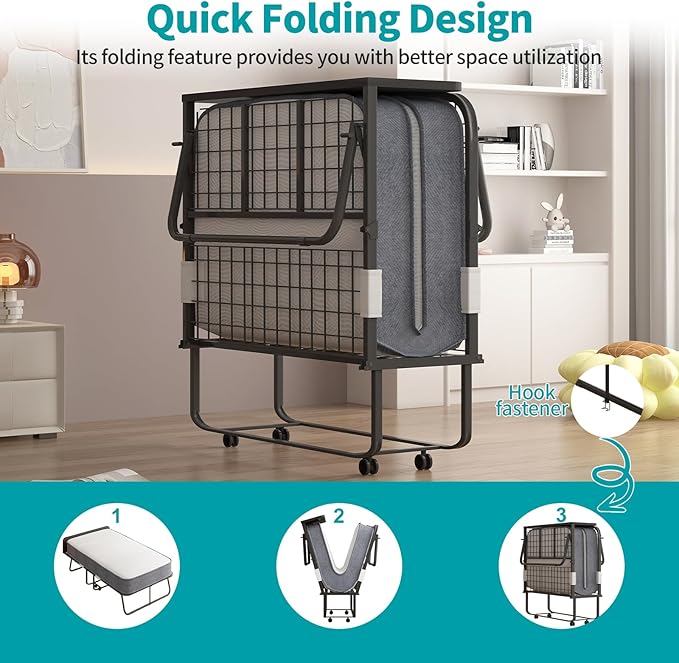 BALUS Rollaway Bed with Mattress for Adults, 75" x 46" Fold Up Bed with Headborad & Dustproof Bag, Space Saving Rollaway Beds for Guests, Foldable Sturdy Metal Frame for Bedroom/Apartment（Upgrade）