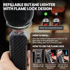 Butane Torch Lighter, Refillable Gas Lighter Cooking Torch, Adjustable Kitchen Torch with Safety Lock - Windproof Jet Flame Blue Fire for Camping Baking BBQ Grill Candle (Gas Not Included)