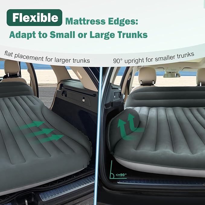 SUV Air Mattress, Double-Sided Thick Flocked Car Air Mattress with Built-in Pump & Pillow, Complete Sleeping Accessories for Auto Camping & Road Trips（Green+Charcoal）