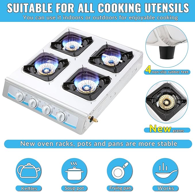 Propane Gas Stove,4 Burner Gas StovePortable Gas Stove Auto Ignition Camping Stainless Steel Stove 4 Burner LPG for RV, Apartment,Outdoor