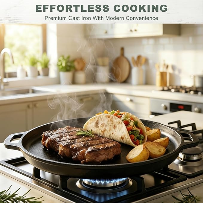 12" Nonstick Cast Iron Griddle Pan -Comals Para Tortillas, Dishwasher Safe&Pre-Seasoned Round Skillet with Handles for Stove Top, Oven, Grill & Camping –Versatile Flat Top for Pancakes&Meats