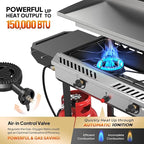 Bonnlo 2-in-1 Propane Stove and Griddle, Iginition Outdoor Gas Cooker with Storage Shelf and Portable Wheels, 2 Burner Camping Stove with 150000BTU Output for Backyard Cooking BBQ Frying and Boiling