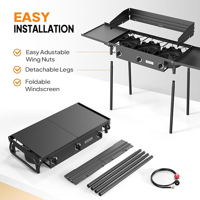 ROVSUN 3 Burner Propane Gas Stove with Side Shelf & Carrying Bag, 225,000BTU Outdoor Burner with Wind Panel & CSA Listed Regulator, Picnic Cooker for Home Patio Cooking Camping Brewing Turkey Frying
