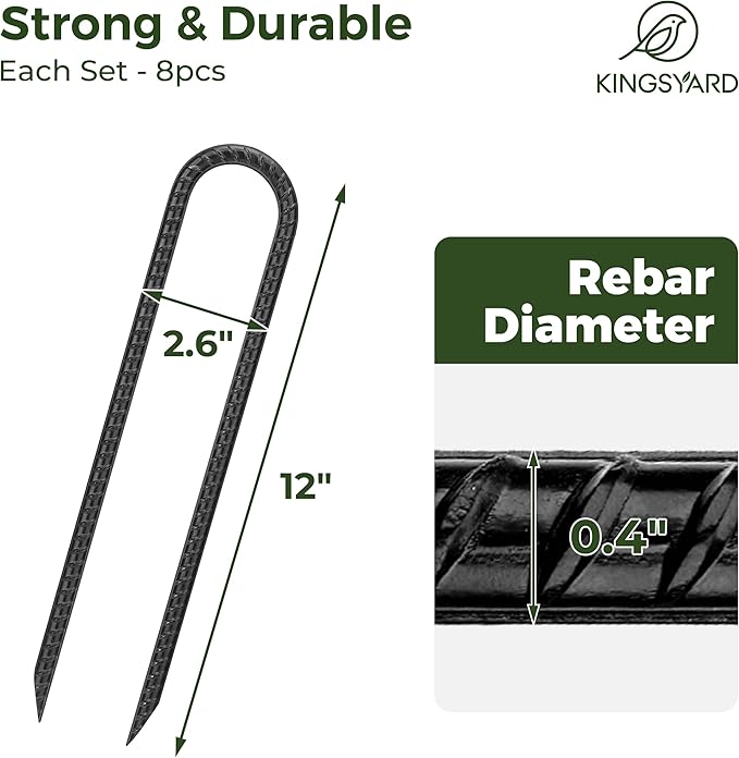Kingsyard 8 Pack 12 Inch Trampolines Wind Stakes, 0.4 Inch Diameter 2.6 inche Wide Galvanized Steel U Hook Rebar Stakes, Heavy Duty Ground Anchors for Tent, Fences, Halloween Decorations Outdoor