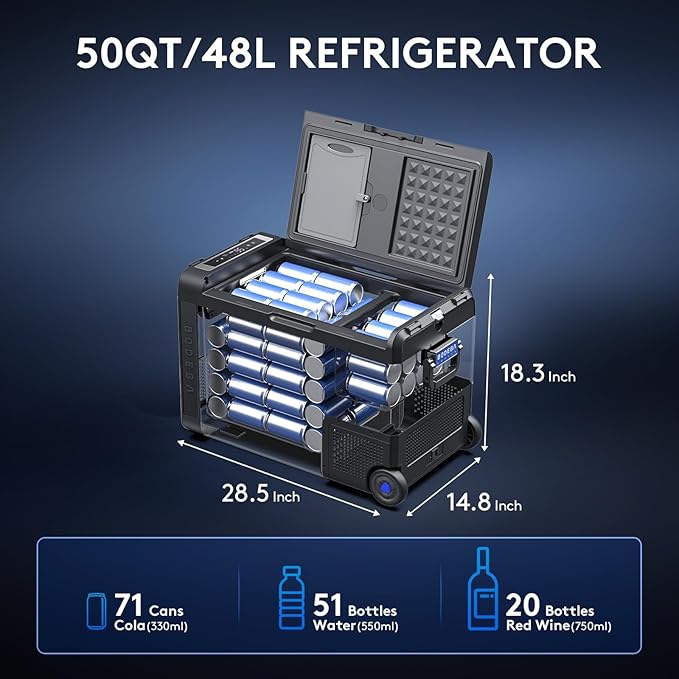 BODEGACOOLER 12 Volt Car Refrigerator, Car Fridge Protable Freezer WIFI APP Control, 50Quart (48L) RV Electric Cooler -4℉-68℉, 12/24V DC 100-240V AC for Outdoor, Truck, Van, Vehicles, Camping, Travel