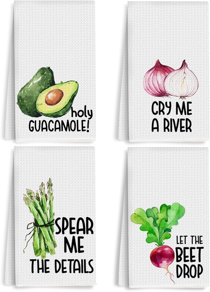 4Pcs Funny Kitchen Towels 24x14 Inch, Avocado Onion Asparagus Beet Waffle Weave Dish Towels for Kitchen Home Farmhouse, White Absorbent Microfiber Hand Tea Towel, Housewarming Gifts for Women Mom