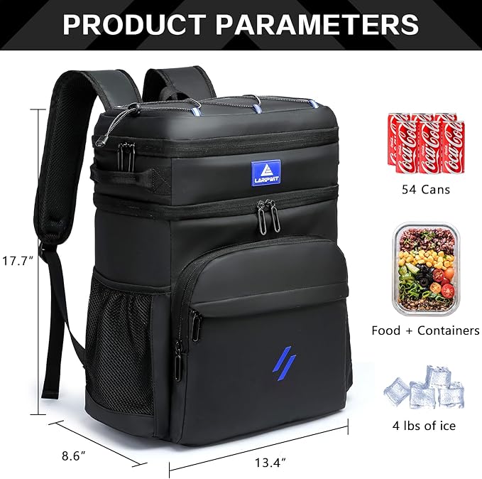 Laripwit Picnic Backpack Cooler Bag - 54 Cans Black Cooler Backpack Insulated Leak-Proof Lunch Backpack with Cooler Compartment Large Double Deck Soft Cooler Bag for Beach,Camping,Travel