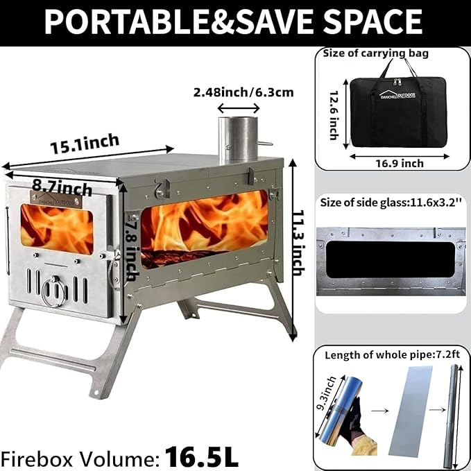 DANCHEL OUTDOOR TSG Portable TA1 Titanium Tent Wood Stove for Backpacking Camping, Collapsible Hot Tent Stove Rollable Chimney Pipe Cooking Hiking (Small/Large)