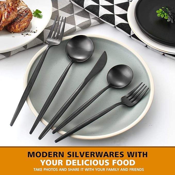 Matte Black Silverware Set, Oliviola 20-Piece Stainless Steel Flatware Cutlery Set Service for 4, Satin Finish Kitchen Utensil Set, Dishwasher Safe