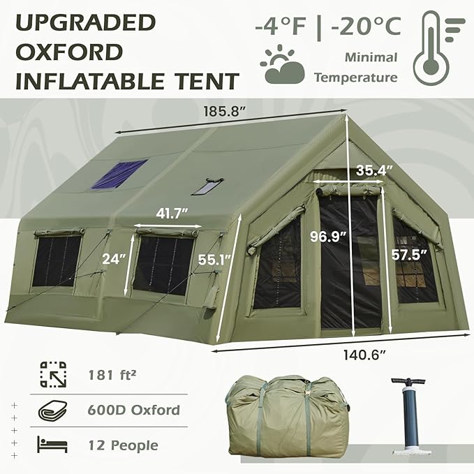YOLENY Inflatable Tents for Camping, 6-12 Person Blow Up Tent with TPU Skylight, Canopy, Mesh Windows, Stove Jack & Pump, 4 Season Large Inflatable Tent, Waterproof & Windproof