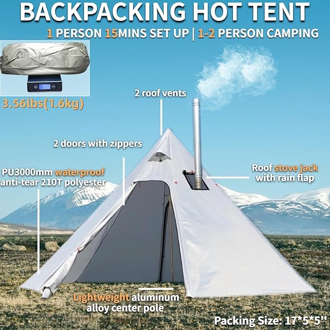 DANCHEL OUTDOOR Backpacking Hot Tent with Stove Jack, 4 Season Lightweight Tipi Tent for 2/4/6 Person Winter Camping Hunting, 10.5FT-16.4FT