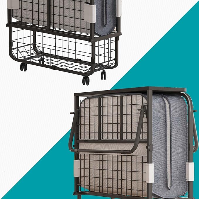 BALUS Folding Bed with Mattress for Adults, 75" x 31" Rollaway Bed with Head Baffle & Mesh Storage Basket, Fold Up Beds for Guests, Foldable Frame with Locking Casters for Easy Moving（Upgrade）