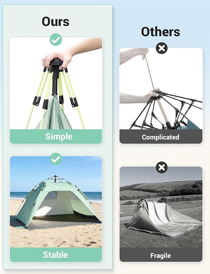 Glymnis Pop Up Beach Tent Sun Shade Shelter for 3-4 Person with UPF 50+, Lightweight & Easy Setup, Vent Windows & Zippered Door, Extended Floor Family Instant Beach Tent