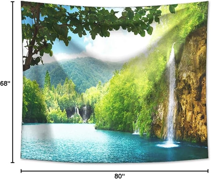 Forest Waterfall Tapestry Wall Hanging Sandy Beach Picnic Rug Camping Tent Sleeping Pad Home Decor Bedspread Sheet Wall Cloth (80x68inch,9)