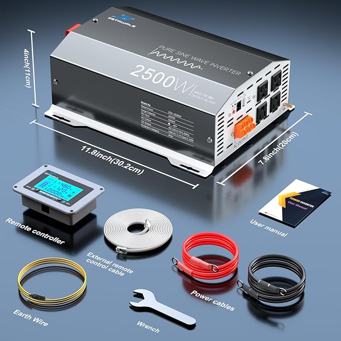 2500W Pure Sine Wave Inverter 48V DC to 110V/120V AC Converter, 5000W Peak, High-Efficiency Off-Grid Solar Power Inverter, 4 AC Outlets, USB & Type-C, LCD Remote Control